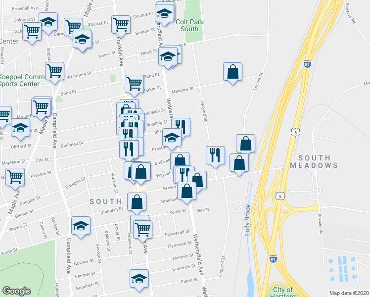 map of restaurants, bars, coffee shops, grocery stores, and more near in Hartford