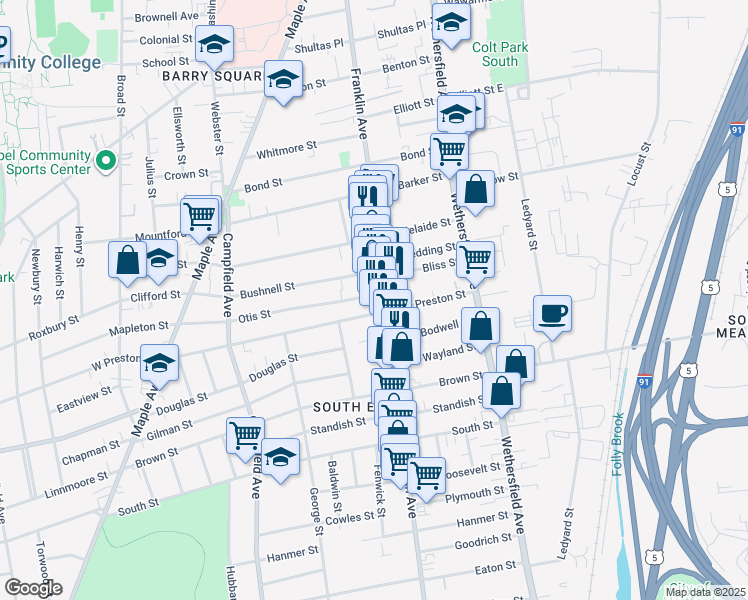 map of restaurants, bars, coffee shops, grocery stores, and more near 349 Franklin Avenue in Hartford