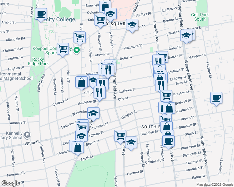 map of restaurants, bars, coffee shops, grocery stores, and more near 80 Campfield Avenue in Hartford