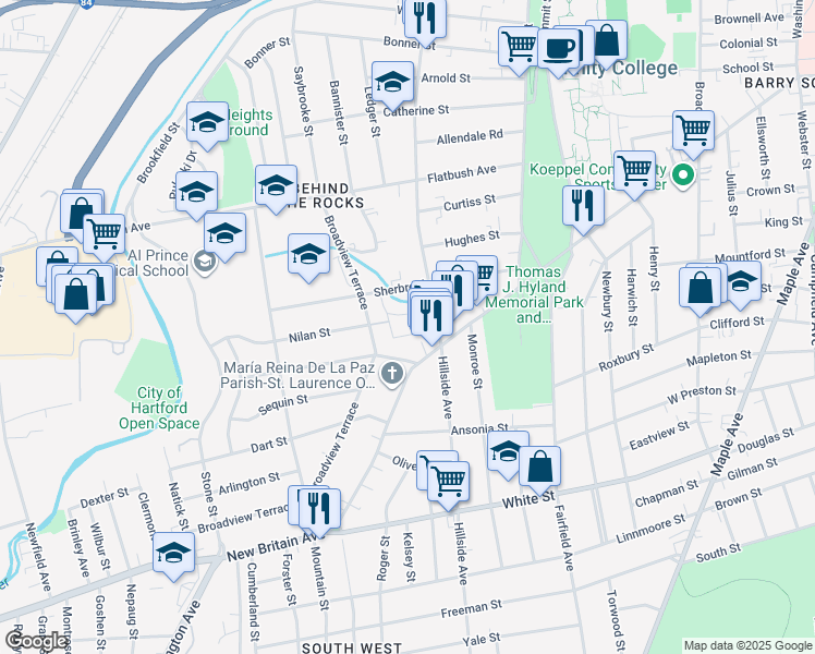 map of restaurants, bars, coffee shops, grocery stores, and more near 105 Sherbrooke Avenue in Hartford