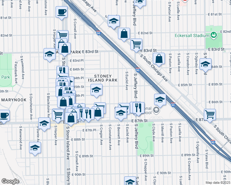 map of restaurants, bars, coffee shops, grocery stores, and more near 8501 South Constance Avenue in Chicago