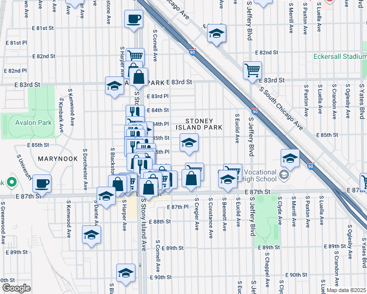 map of restaurants, bars, coffee shops, grocery stores, and more near 1721 East 85th Street in Chicago