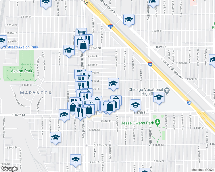 map of restaurants, bars, coffee shops, grocery stores, and more near 1721 East 85th Street in Chicago
