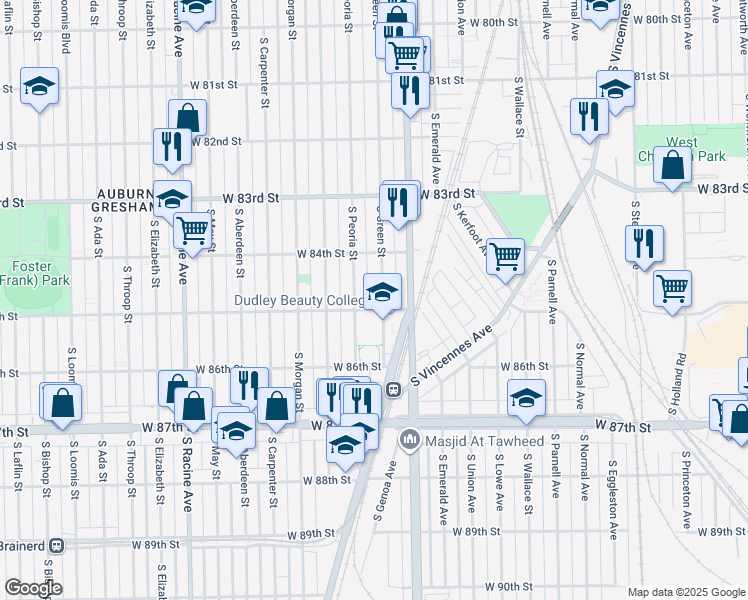 map of restaurants, bars, coffee shops, grocery stores, and more near 8432 South Green Street in Chicago