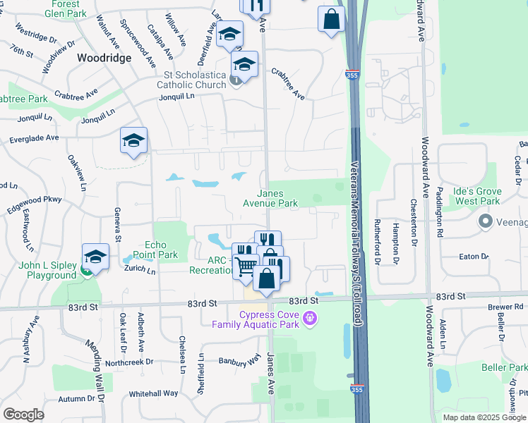 map of restaurants, bars, coffee shops, grocery stores, and more near 8030 Janes Avenue in Woodridge