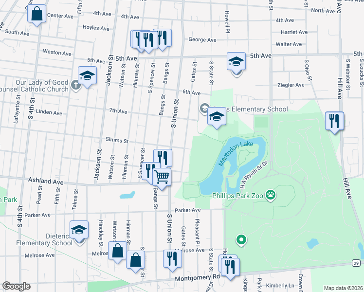 map of restaurants, bars, coffee shops, grocery stores, and more near 733 Gates Street in Aurora