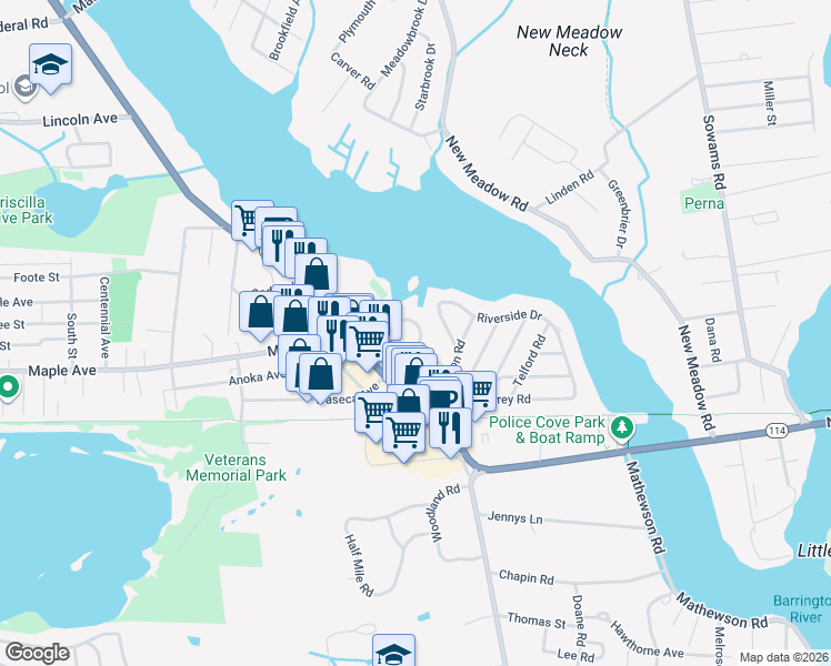 map of restaurants, bars, coffee shops, grocery stores, and more near 84 Markwood Drive in Barrington