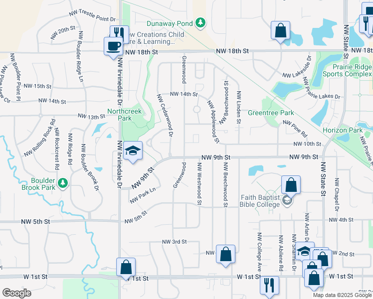 map of restaurants, bars, coffee shops, grocery stores, and more near 1101 Northwest Greenwood Street in Ankeny