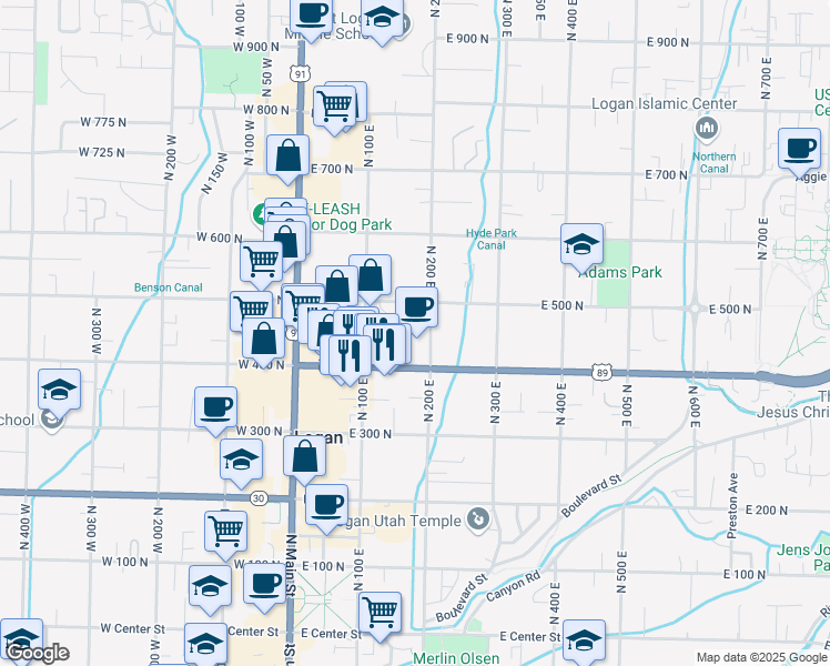 map of restaurants, bars, coffee shops, grocery stores, and more near 175 East 442 North in Logan