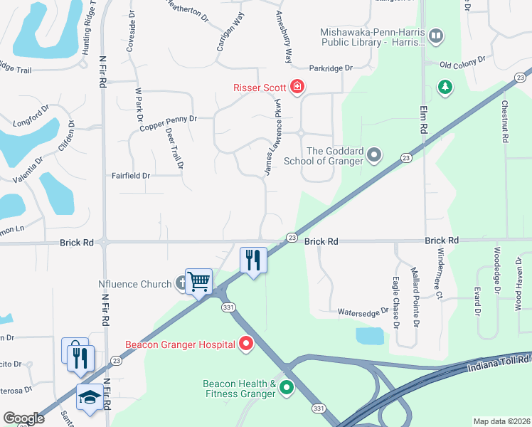 map of restaurants, bars, coffee shops, grocery stores, and more near 51902 James Lawrence Parkway in Granger