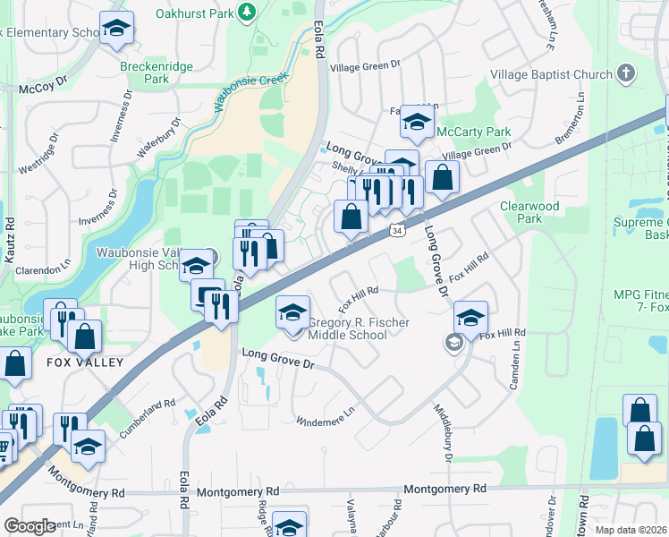 map of restaurants, bars, coffee shops, grocery stores, and more near 2800 Ogden Avenue in Aurora