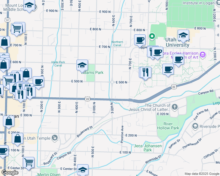 map of restaurants, bars, coffee shops, grocery stores, and more near 463 North 600 East in Logan