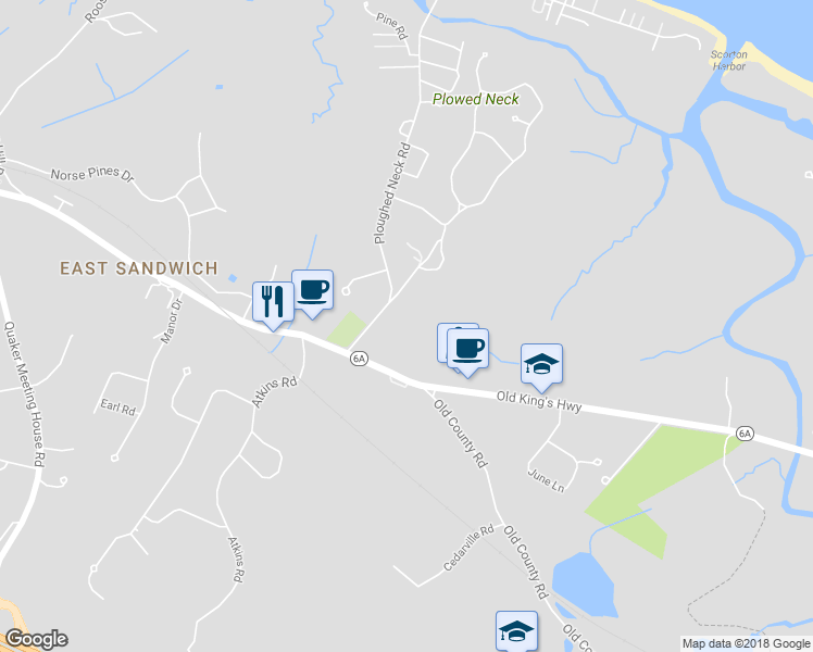 map of restaurants, bars, coffee shops, grocery stores, and more near 10 Ploughed Neck Road in Sandwich
