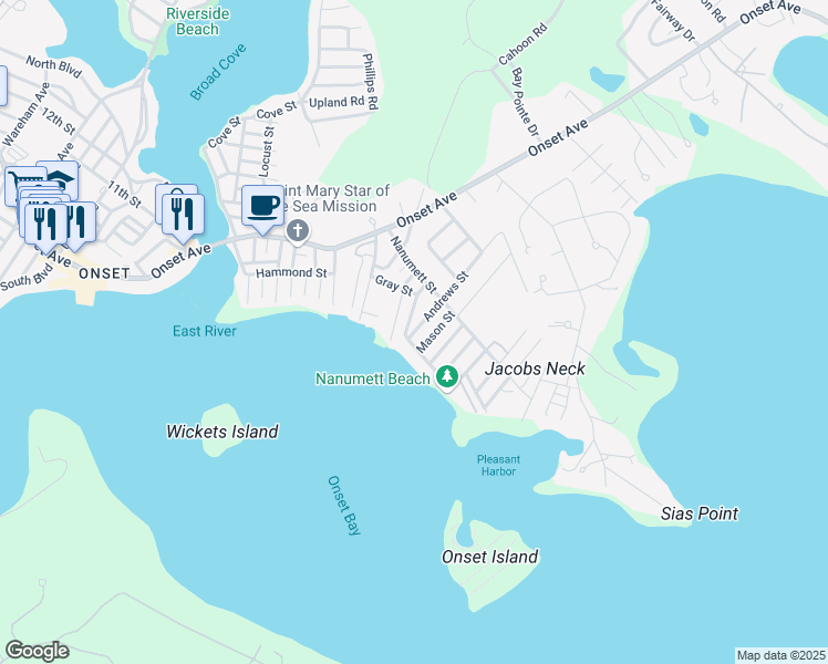 map of restaurants, bars, coffee shops, grocery stores, and more near 29 Andrews Street in Wareham