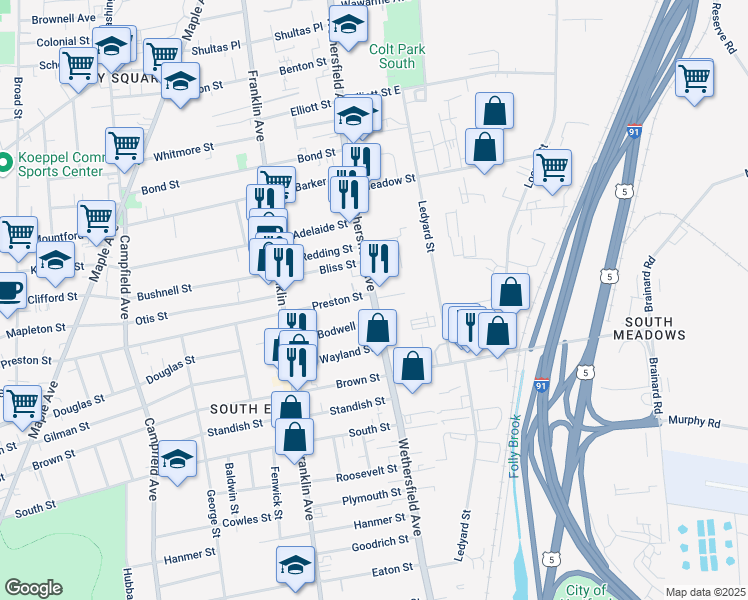 map of restaurants, bars, coffee shops, grocery stores, and more near 585 Wethersfield Avenue in Hartford