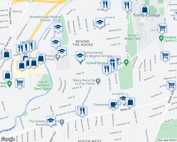 map of restaurants, bars, coffee shops, grocery stores, and more near 76 Nilan Street in Hartford