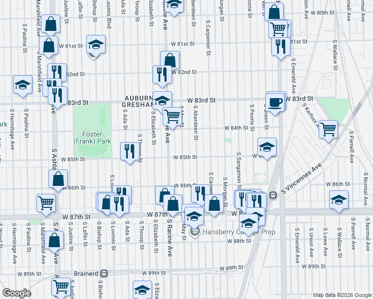 map of restaurants, bars, coffee shops, grocery stores, and more near 8428 South May Street in Chicago