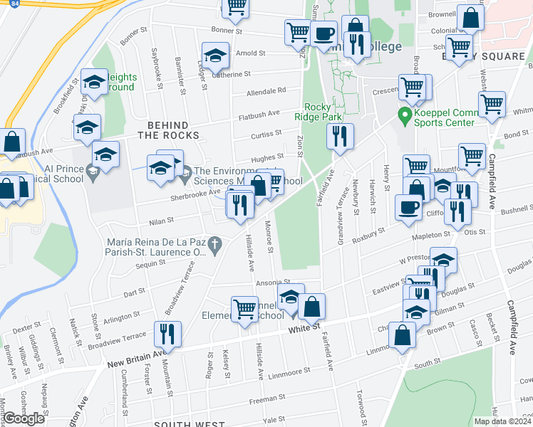 map of restaurants, bars, coffee shops, grocery stores, and more near 398 New Britain Avenue in Hartford