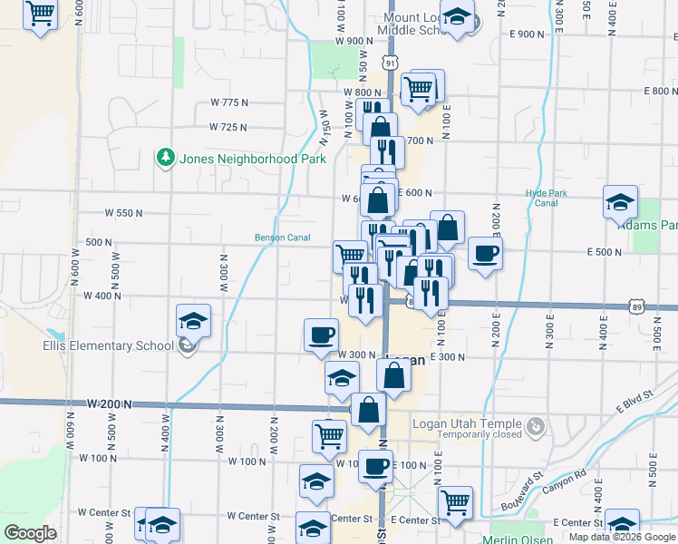map of restaurants, bars, coffee shops, grocery stores, and more near 452 North 100 West in Logan