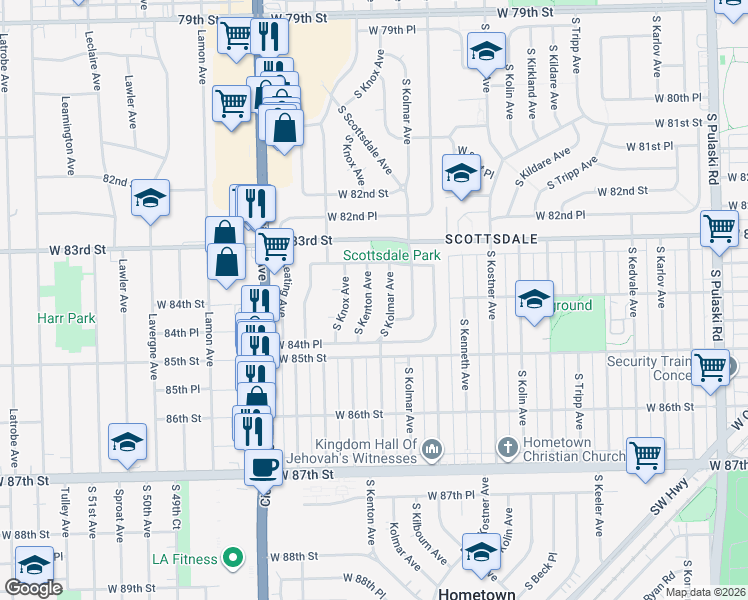 map of restaurants, bars, coffee shops, grocery stores, and more near 8401 South Kenton Avenue in Chicago