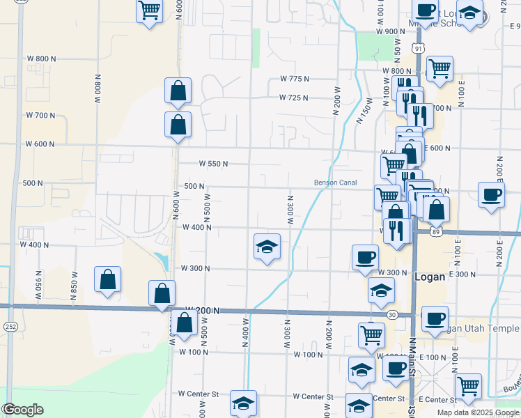 map of restaurants, bars, coffee shops, grocery stores, and more near 472 North 400 West in Logan