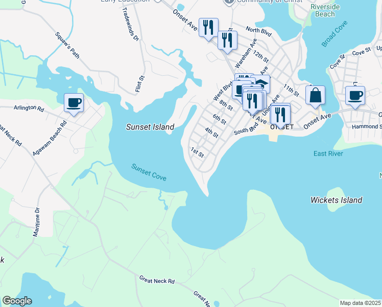 map of restaurants, bars, coffee shops, grocery stores, and more near 67 Longwood Avenue in Wareham