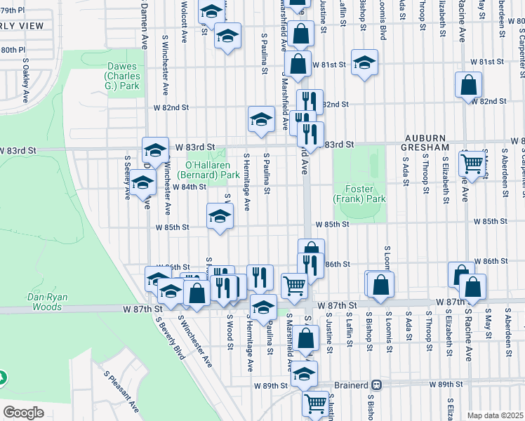 map of restaurants, bars, coffee shops, grocery stores, and more near 8422 South Paulina Street in Chicago