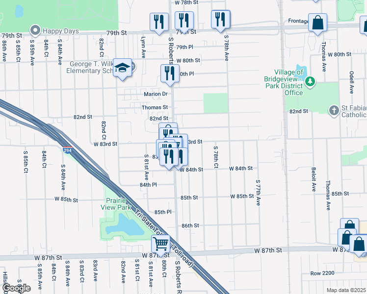map of restaurants, bars, coffee shops, grocery stores, and more near 7936 West 83rd Street in Bridgeview