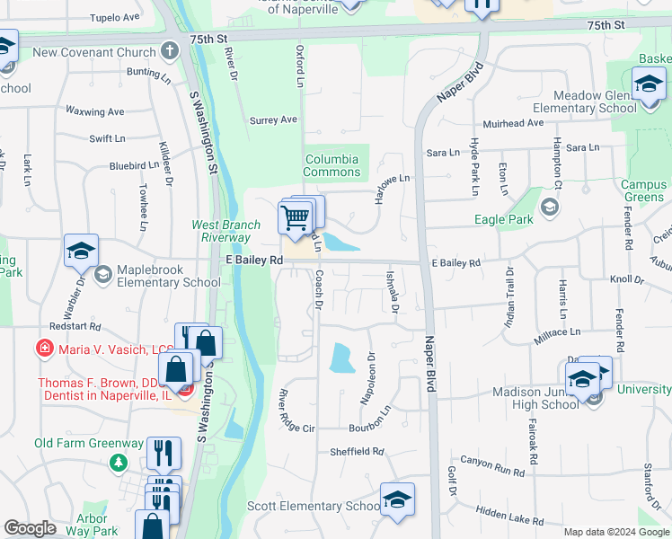 map of restaurants, bars, coffee shops, grocery stores, and more near 412 East Bailey Road in Naperville