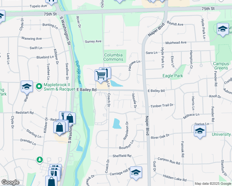 map of restaurants, bars, coffee shops, grocery stores, and more near 412 East Bailey Road in Naperville