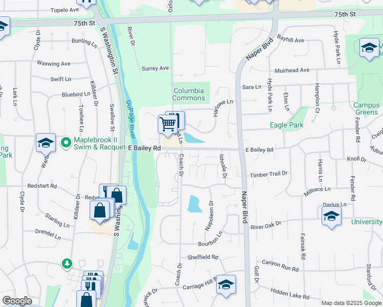 map of restaurants, bars, coffee shops, grocery stores, and more near 412 East Bailey Road in Naperville