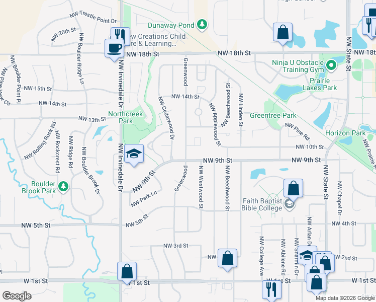 map of restaurants, bars, coffee shops, grocery stores, and more near 1101 Northwest Greenwood Street in Ankeny