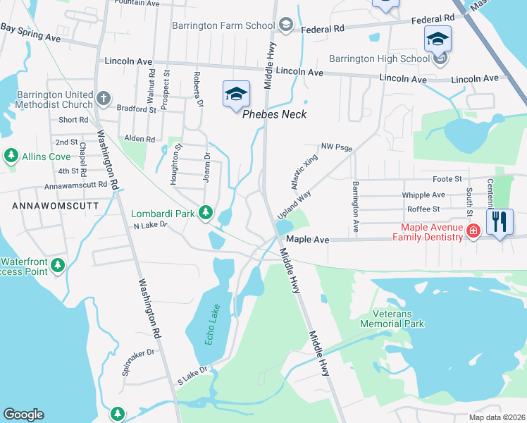 map of restaurants, bars, coffee shops, grocery stores, and more near 280 Middle Highway in Barrington