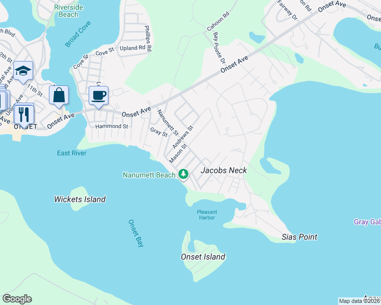map of restaurants, bars, coffee shops, grocery stores, and more near 36 Nanumett Street in Wareham