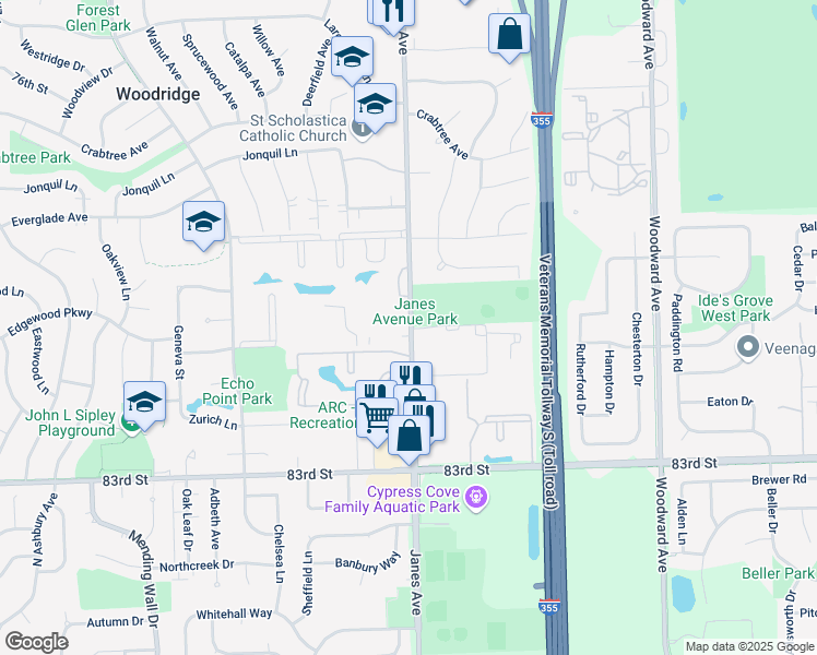 map of restaurants, bars, coffee shops, grocery stores, and more near 8030 Janes Avenue in Woodridge