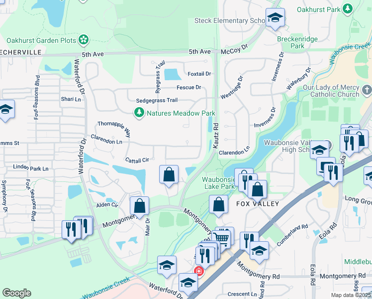 map of restaurants, bars, coffee shops, grocery stores, and more near 2027 Clarendon Lane in Aurora