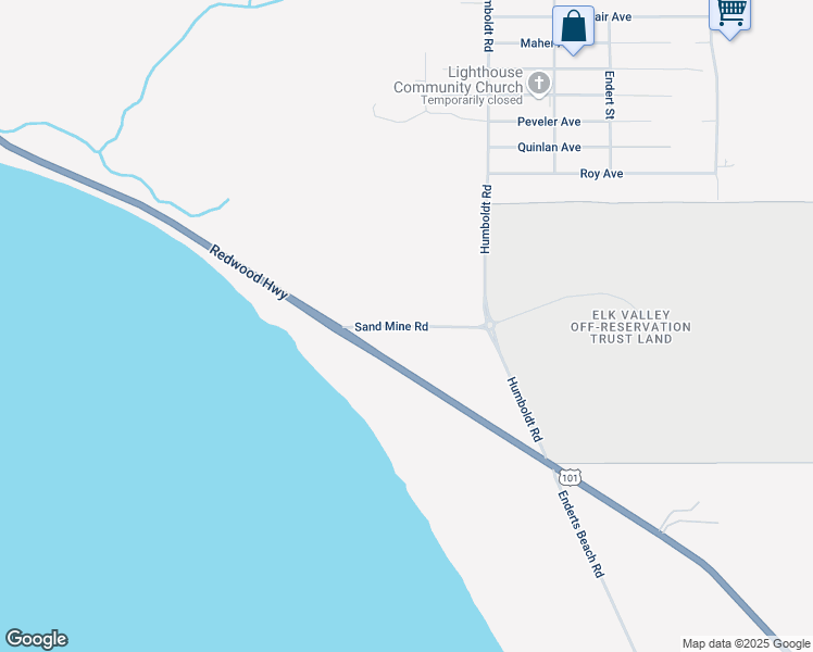 map of restaurants, bars, coffee shops, grocery stores, and more near Sand Mine Road in Crescent City