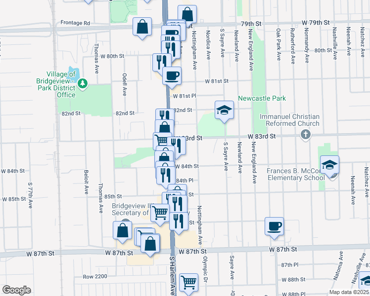 map of restaurants, bars, coffee shops, grocery stores, and more near 8337 Edison in Bridgeview