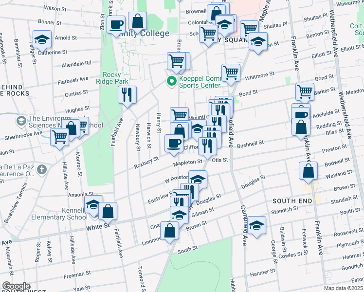 map of restaurants, bars, coffee shops, grocery stores, and more near 1910 Broad Street in Hartford