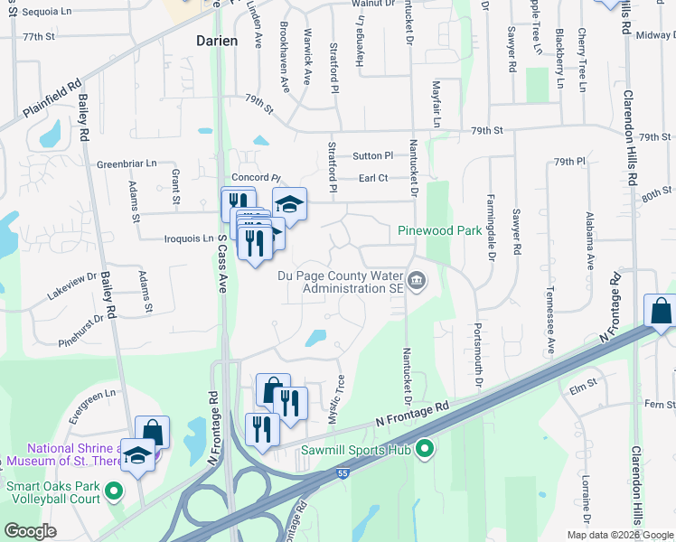 map of restaurants, bars, coffee shops, grocery stores, and more near 9S218 Kings Court in Darien