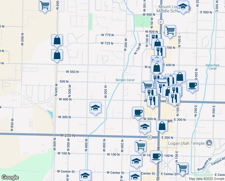 map of restaurants, bars, coffee shops, grocery stores, and more near 450 North 300 West in Logan