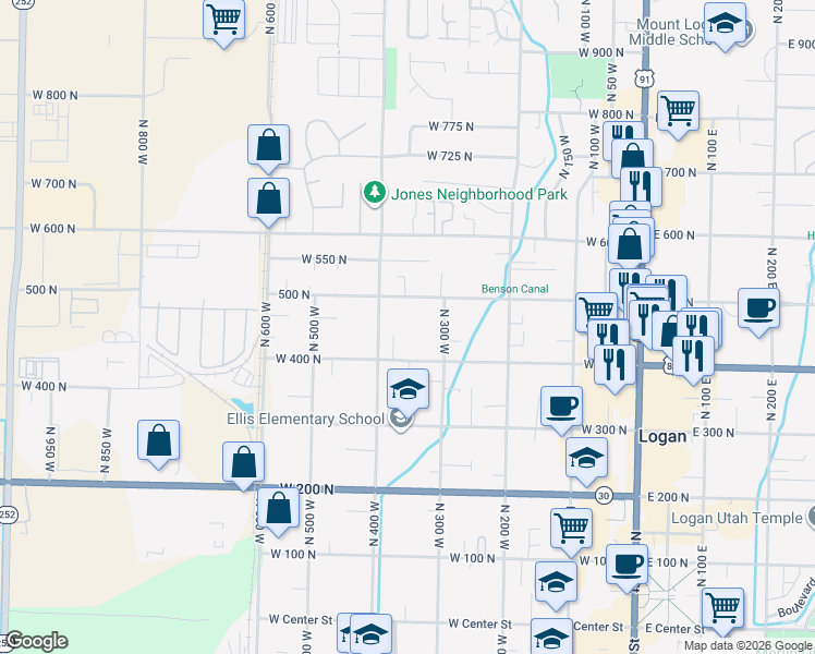 map of restaurants, bars, coffee shops, grocery stores, and more near 472 North 400 West in Logan