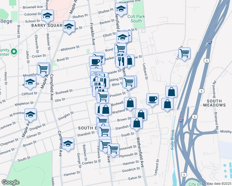 map of restaurants, bars, coffee shops, grocery stores, and more near 23 1/2 Bliss Street in Hartford