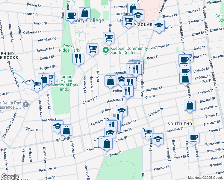 map of restaurants, bars, coffee shops, grocery stores, and more near 1910 Broad Street in Hartford