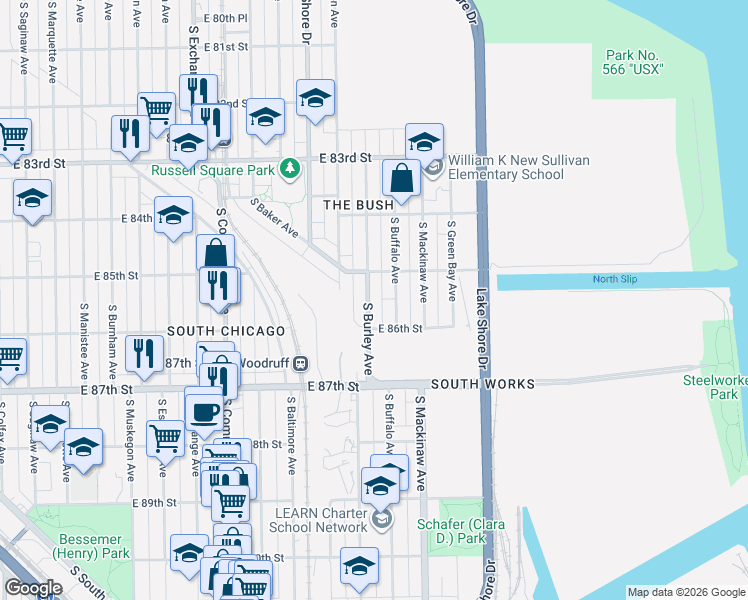 map of restaurants, bars, coffee shops, grocery stores, and more near 8518 South Buffalo Avenue in Chicago