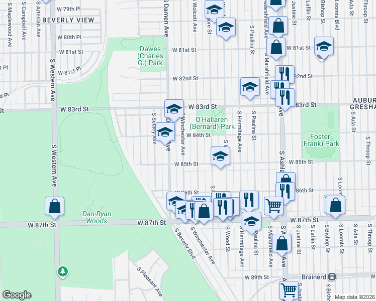 map of restaurants, bars, coffee shops, grocery stores, and more near 8420 South Winchester Avenue in Chicago