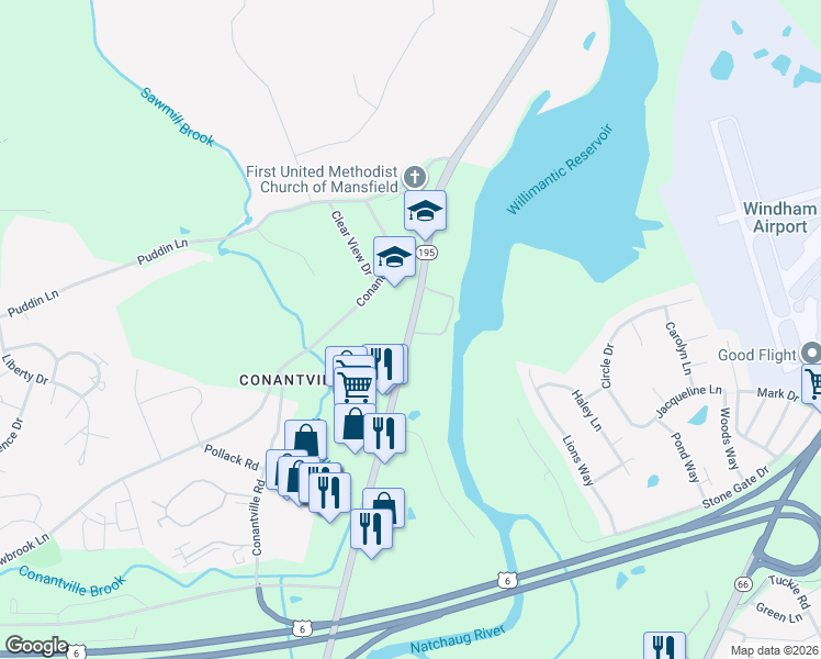 map of restaurants, bars, coffee shops, grocery stores, and more near 141 Storrs Road in Mansfield