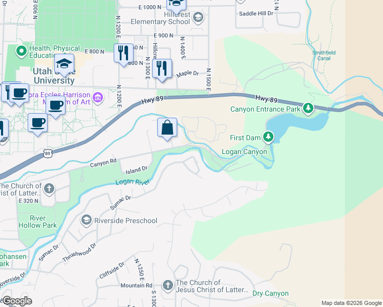 map of restaurants, bars, coffee shops, grocery stores, and more near 1525 Sumac Drive in Logan