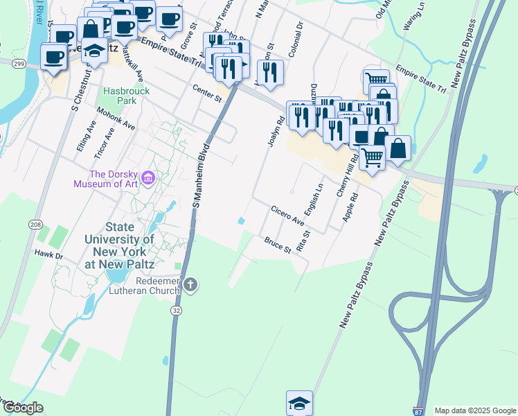 map of restaurants, bars, coffee shops, grocery stores, and more near 3 Cicero Avenue in New Paltz