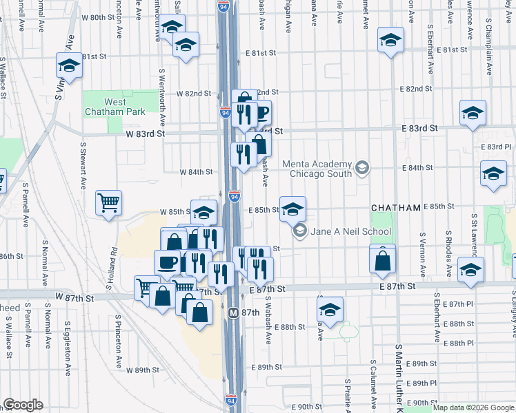 map of restaurants, bars, coffee shops, grocery stores, and more near 8456 South Wabash Avenue in Chicago